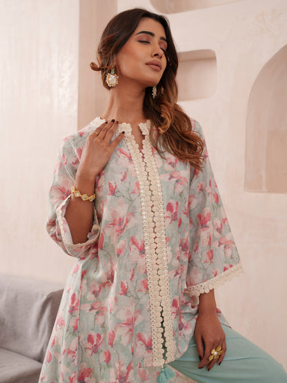 Floral Printed Mandarin Collar Pure Cotton Tunic And Trousers
