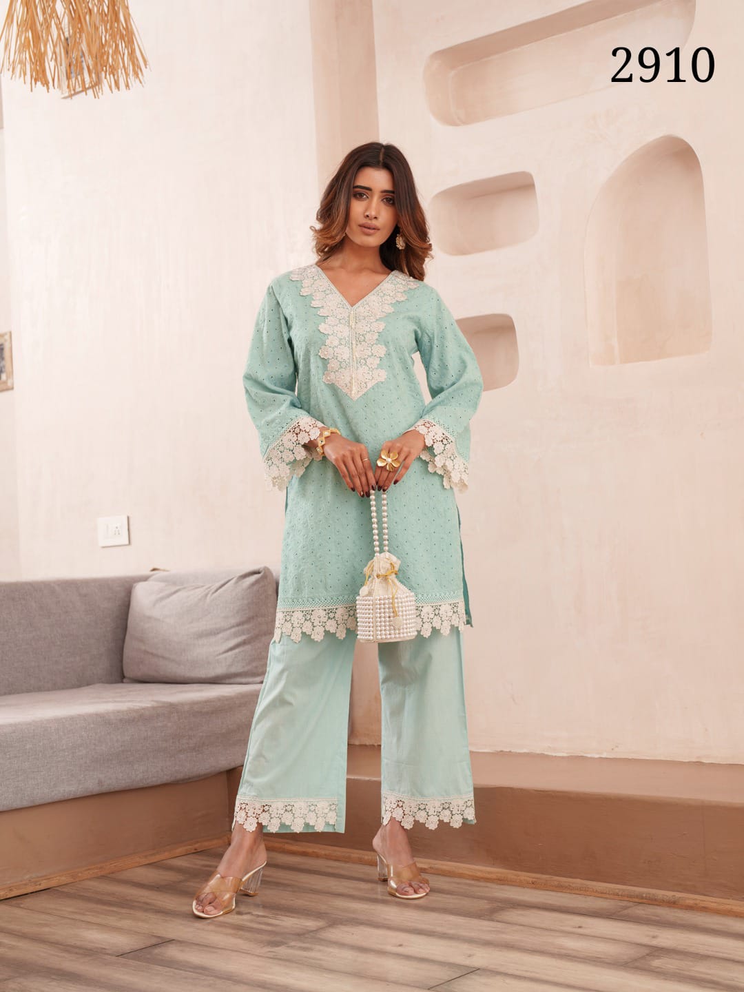 Embroidered V-Neck Pure Cotton Tunic & Trouser