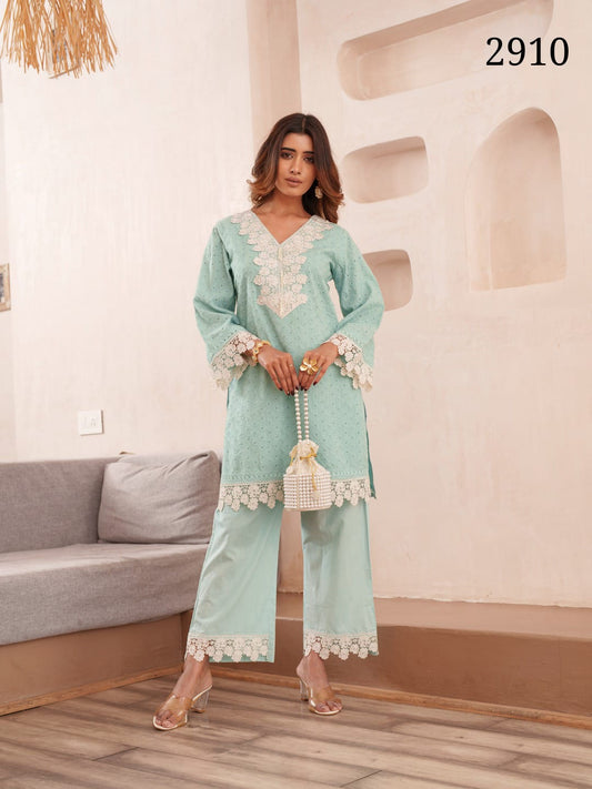 Embroidered V-Neck Pure Cotton Tunic & Trouser