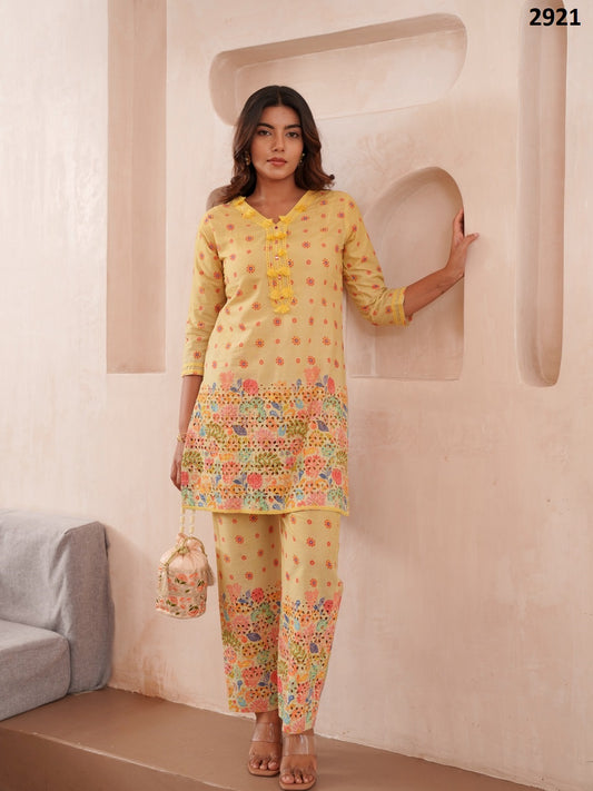 Floral Printed 100% Cotton V-Neck Tunic & Trousers Co-Ords