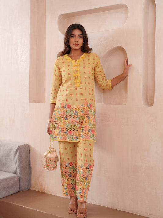 Floral Printed 100% Cotton V-Neck Tunic & Trousers Co-Ords