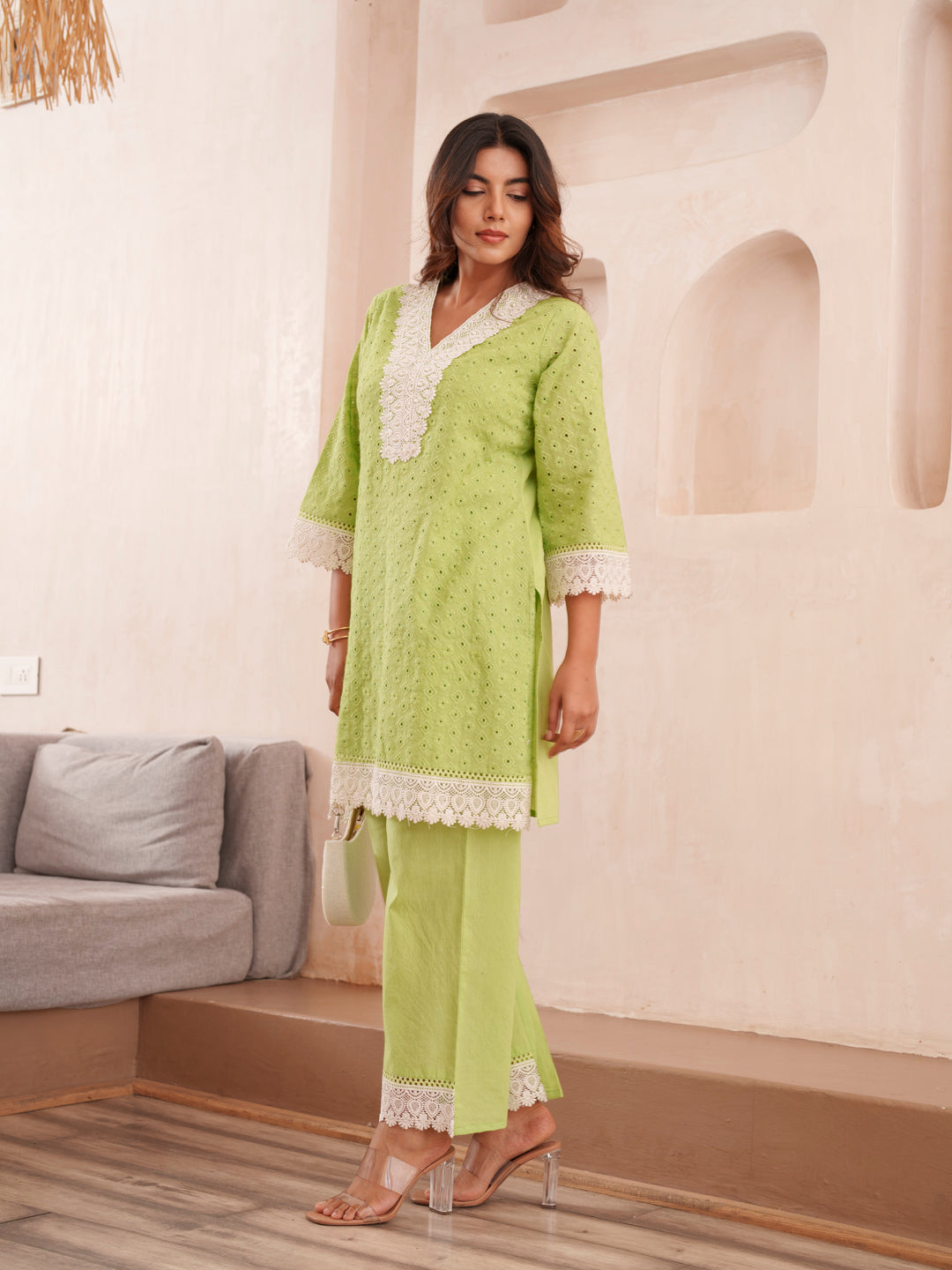 Floral Embroidered Pure Cotton V-Neck Tunic & Trousers