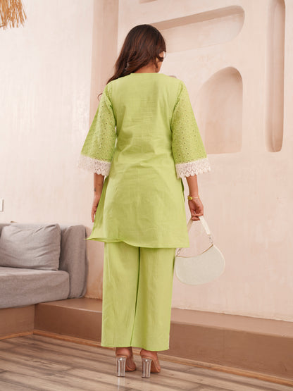 Floral Embroidered Pure Cotton V-Neck Tunic & Trousers