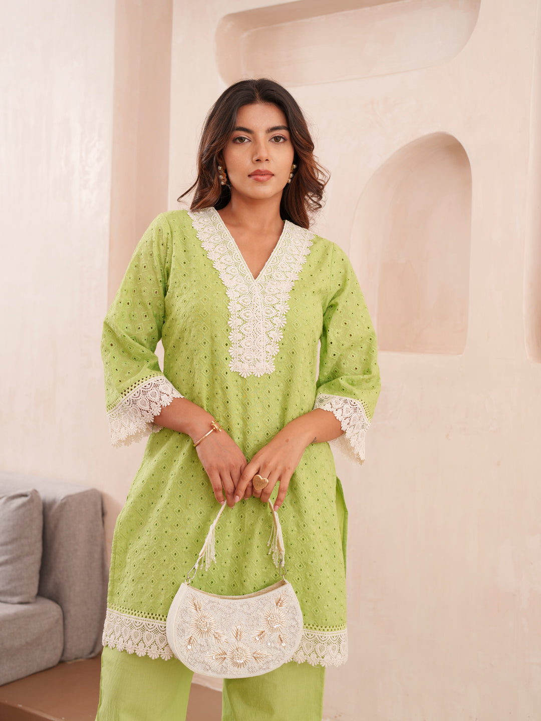 Floral Embroidered Pure Cotton V-Neck Tunic & Trousers