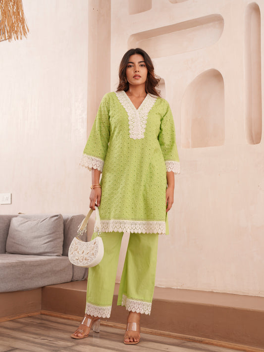 Floral Embroidered Pure Cotton V-Neck Tunic & Trousers
