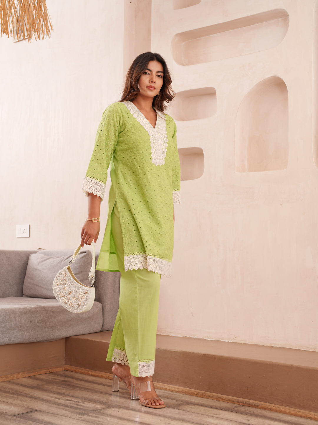 Floral Embroidered Pure Cotton V-Neck Tunic & Trousers