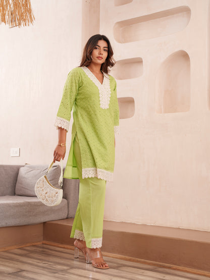 Floral Embroidered Pure Cotton V-Neck Tunic & Trousers