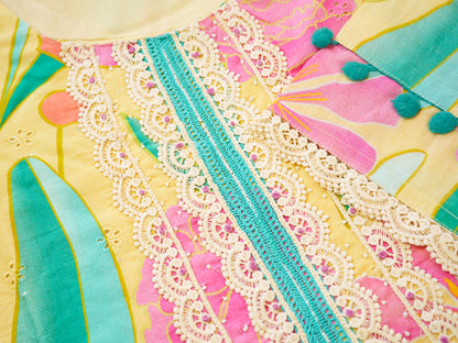 Pure Cotton Straight Hand Embroidery Chlifil Work Kurta With Pant and Printed Dupatta