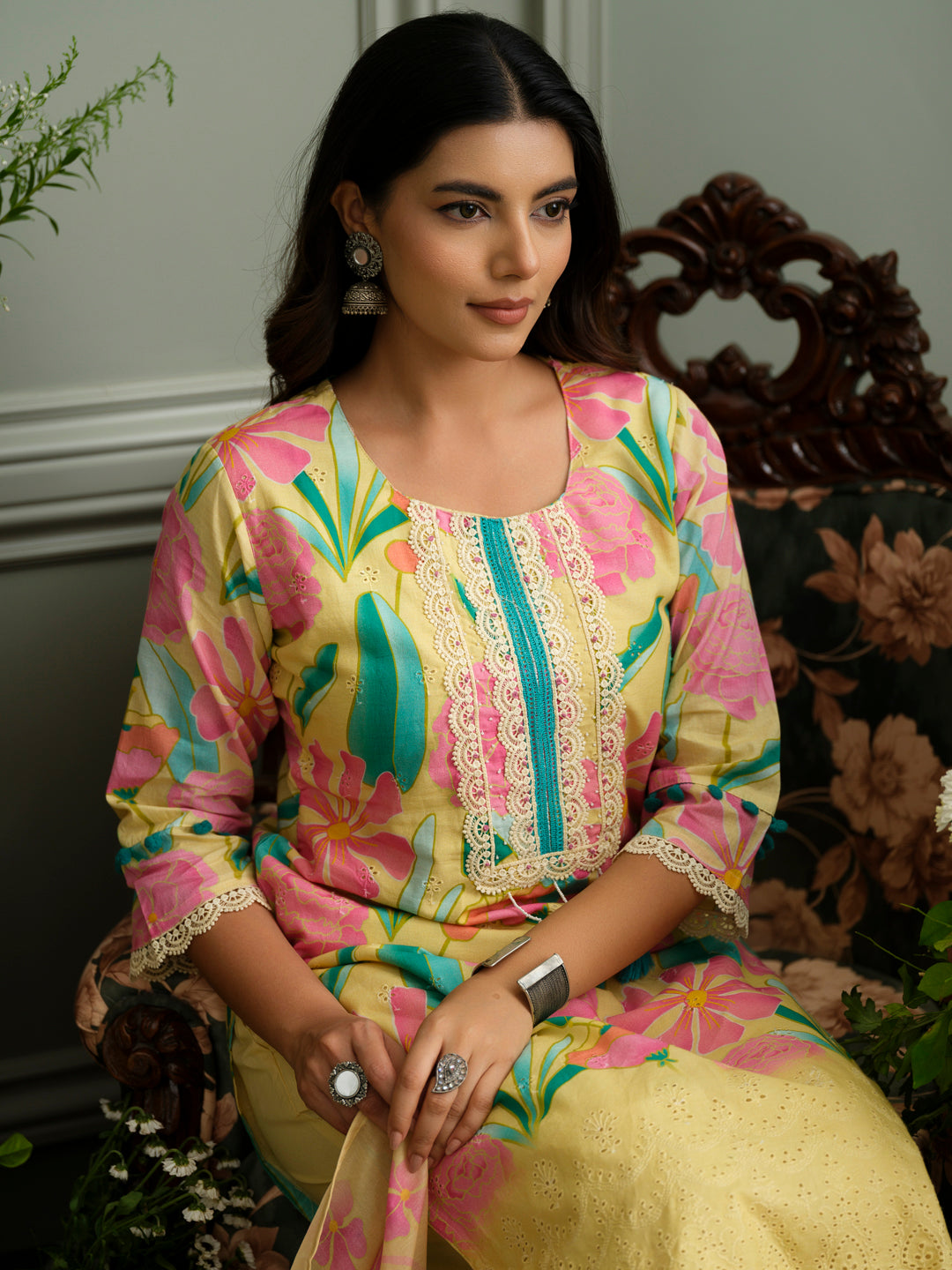 Pure Cotton Straight Hand Embroidery Chlifil Work Kurta With Pant and Printed Dupatta