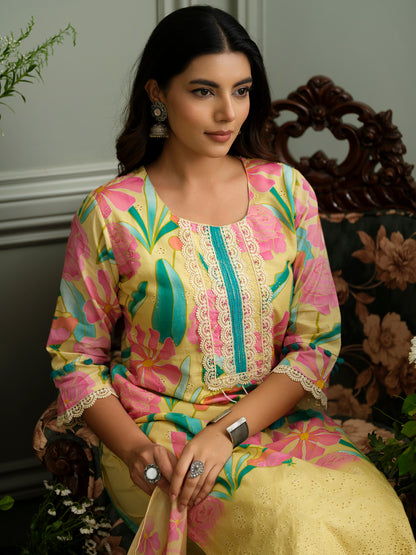 Pure Cotton Straight Hand Embroidery Chlifil Work Kurta With Pant and Printed Dupatta
