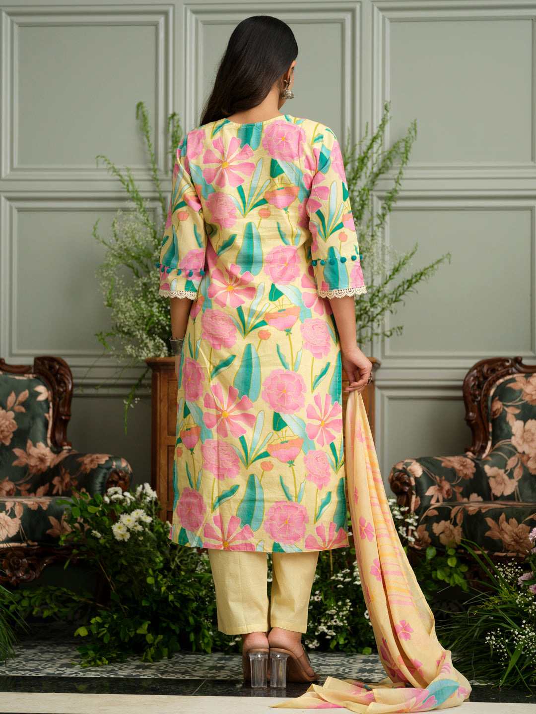 Pure Cotton Straight Hand Embroidery Chlifil Work Kurta With Pant and Printed Dupatta