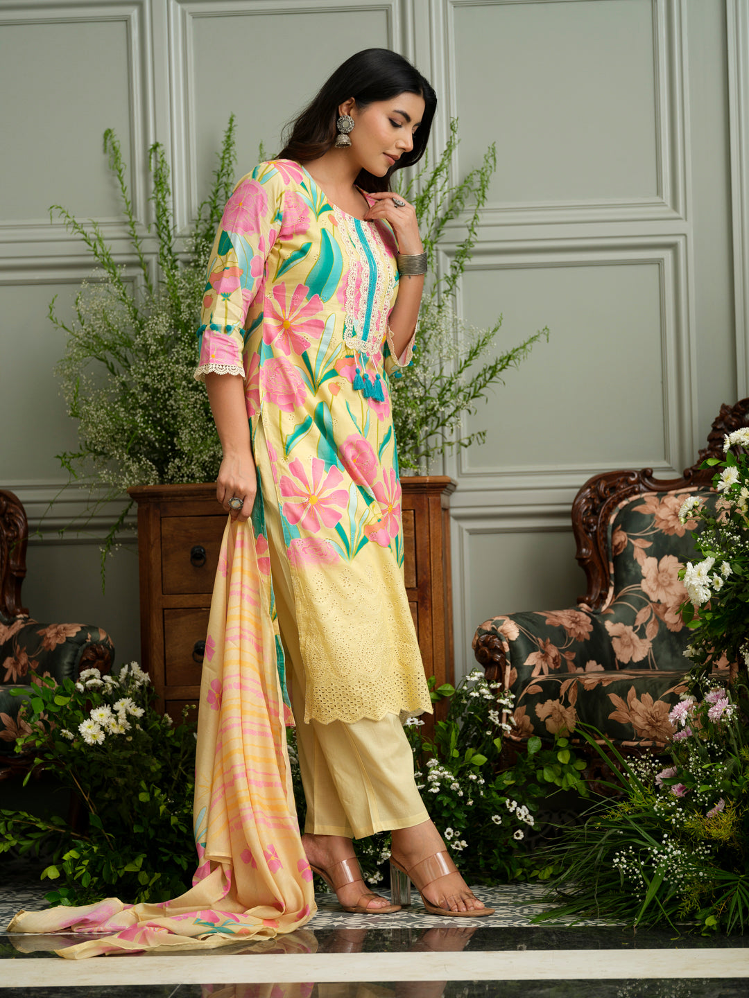Pure Cotton Straight Hand Embroidery Chlifil Work Kurta With Pant and Printed Dupatta