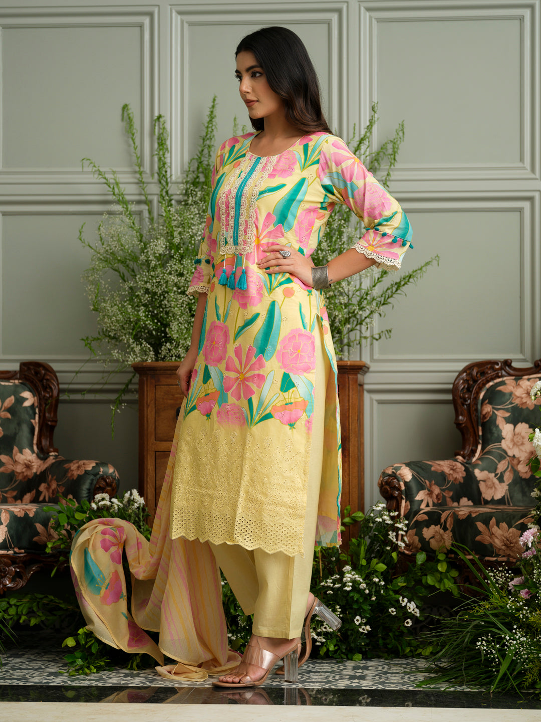 Pure Cotton Straight Hand Embroidery Chlifil Work Kurta With Pant and Printed Dupatta