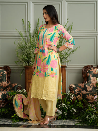 Pure Cotton Straight Hand Embroidery Chlifil Work Kurta With Pant and Printed Dupatta