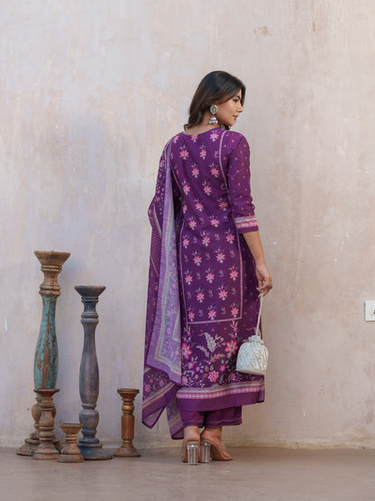 Floral Printed Straight Kurta With Trousers And Dupatta