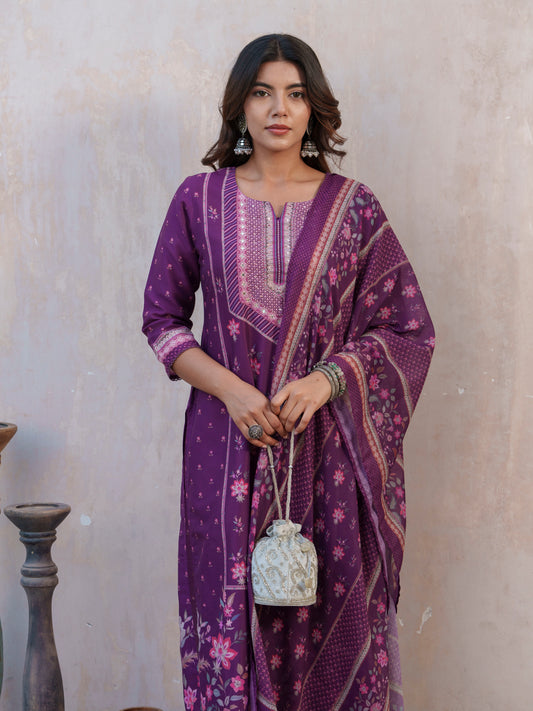 Floral Printed Straight Kurta With Trousers And Dupatta