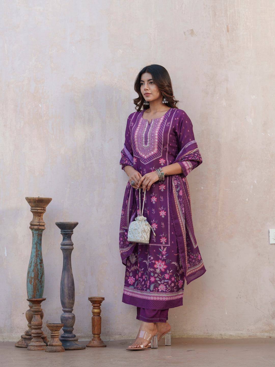 Floral Printed Straight Kurta With Trousers And Dupatta