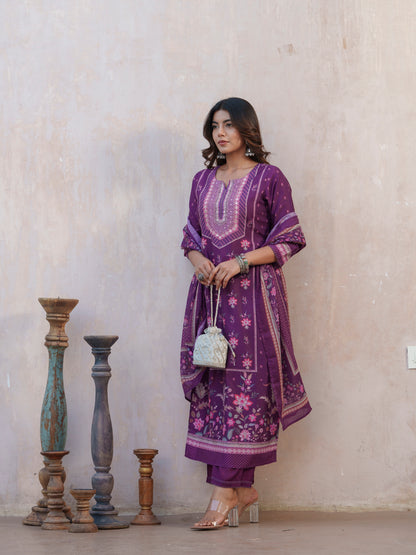 Floral Printed Straight Kurta With Trousers And Dupatta