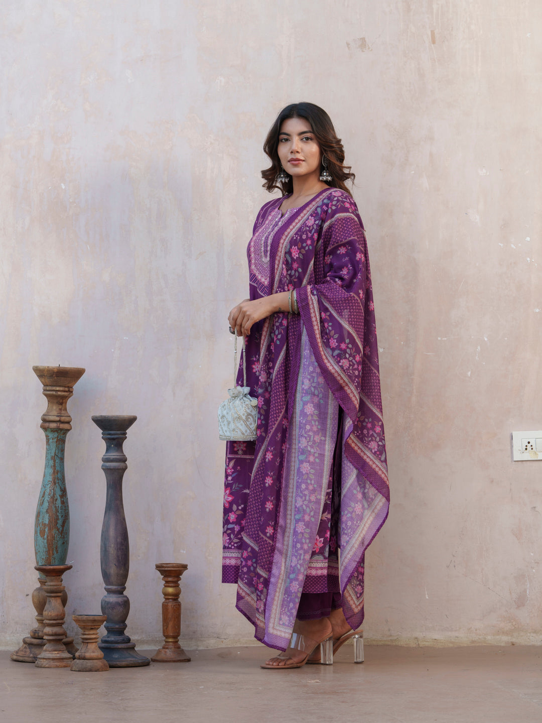 Floral Printed Straight Kurta With Trousers And Dupatta