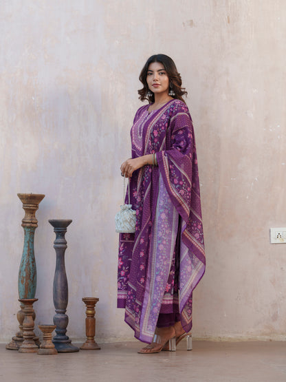 Floral Printed Straight Kurta With Trousers And Dupatta