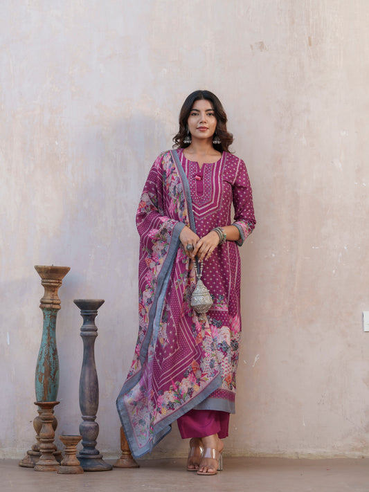 Floral Printed Straight Kurta With Trousers And Dupatta