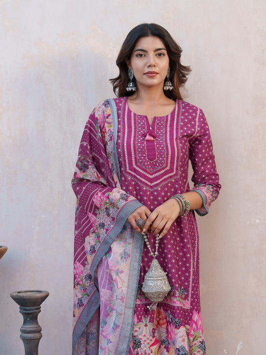 Floral Printed Straight Kurta With Trousers And Dupatta