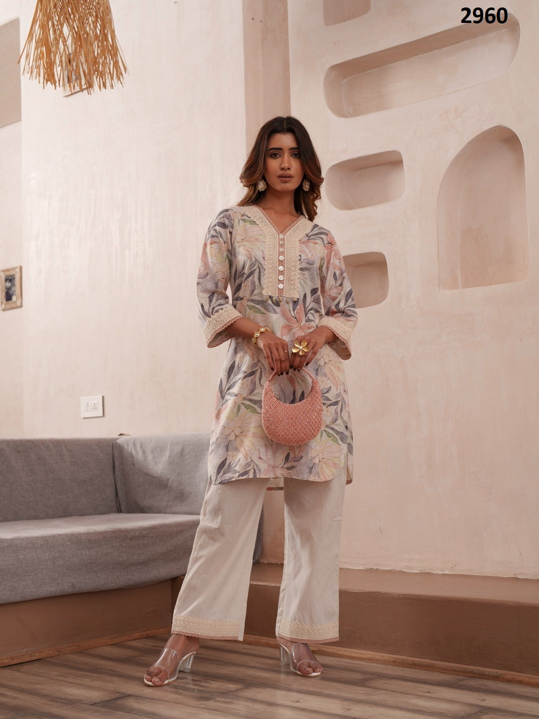 Floral Printed V-Neck Pure Cotton Tunic And Trousers