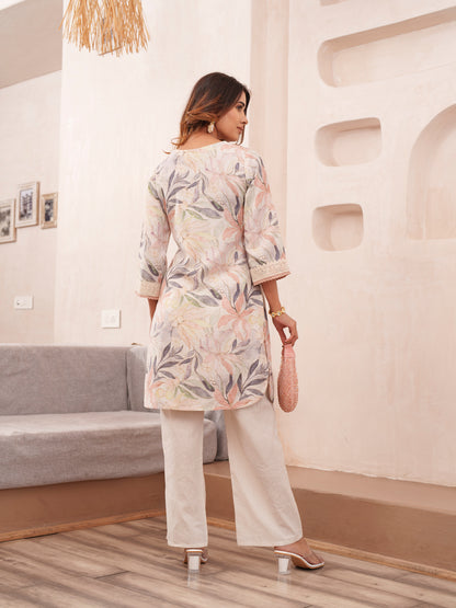 Floral Printed V-Neck Pure Cotton Tunic And Trousers