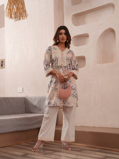 Floral Printed V-Neck Pure Cotton Tunic And Trousers