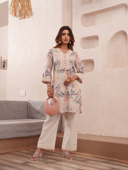 Floral Printed V-Neck Pure Cotton Tunic And Trousers