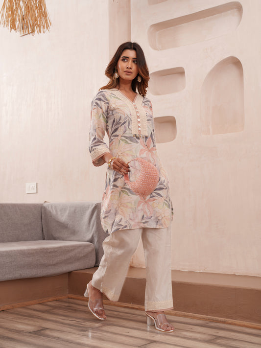 Floral Printed V-Neck Pure Cotton Tunic And Trousers