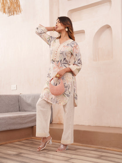 Floral Printed V-Neck Pure Cotton Tunic And Trousers
