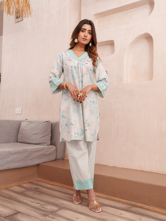 Floral Printed V-Neck Pure Cotton Tunic And Trousers