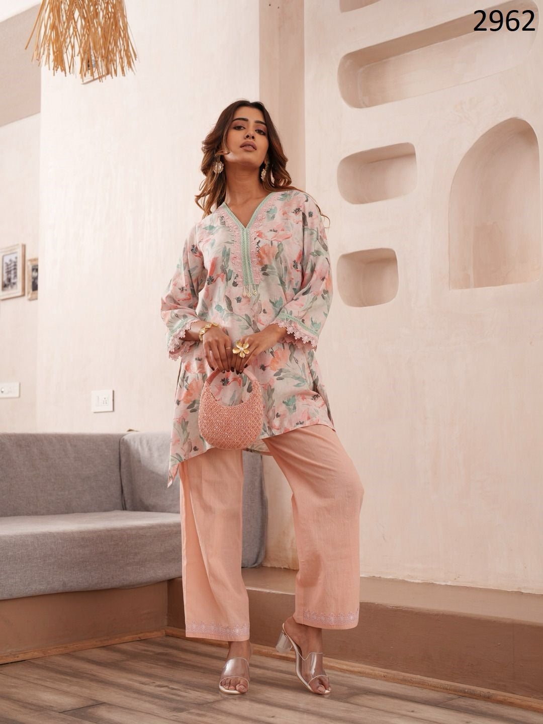 Floral Printed V-Neck Pure Cotton Tunic And Trousers