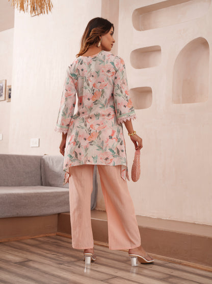 Floral Printed V-Neck Pure Cotton Tunic And Trousers