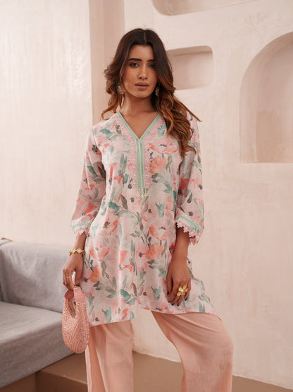 Floral Printed V-Neck Pure Cotton Tunic And Trousers