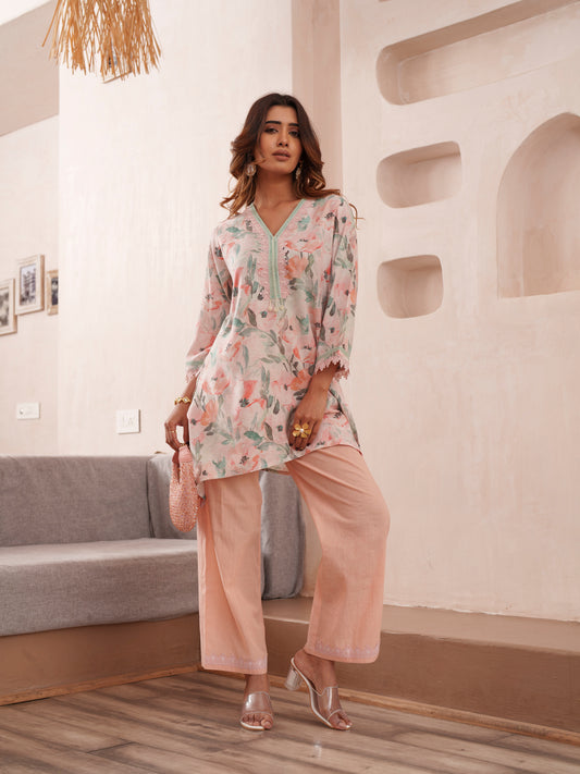 Floral Printed V-Neck Pure Cotton Tunic And Trousers