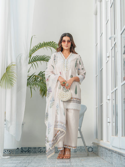 Floral Printed V-Neck Sequinned Straight Kurta With Trouser & Dupatta
