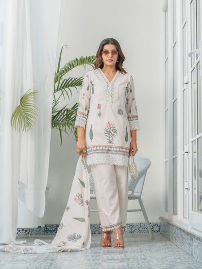 Floral Printed V-Neck Sequinned Straight Kurta With Trouser & Dupatta