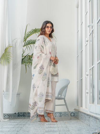 Floral Printed V-Neck Sequinned Straight Kurta With Trouser & Dupatta
