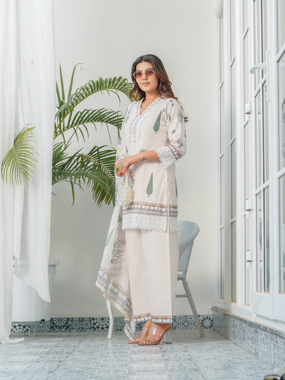 Floral Printed V-Neck Sequinned Straight Kurta With Trouser & Dupatta