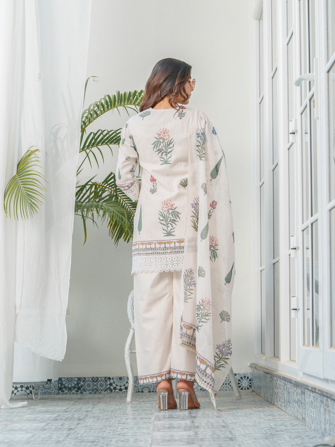 Floral Printed V-Neck Sequinned Straight Kurta With Trouser & Dupatta