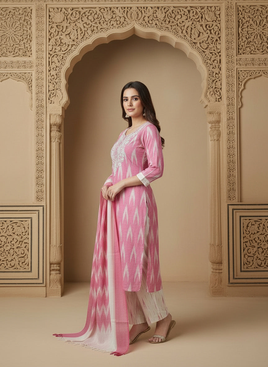 Embroidered Round Neck Straight Kurta & Trousers With Dupatta