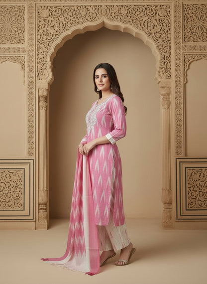 Embroidered Round Neck Straight Kurta & Trousers With Dupatta