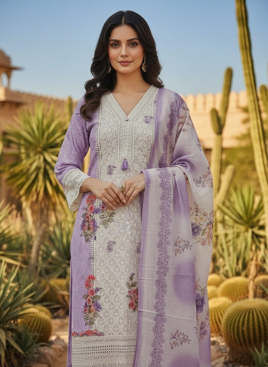 Printed Tissue V-Neck Kurta Trousers & Dupatta