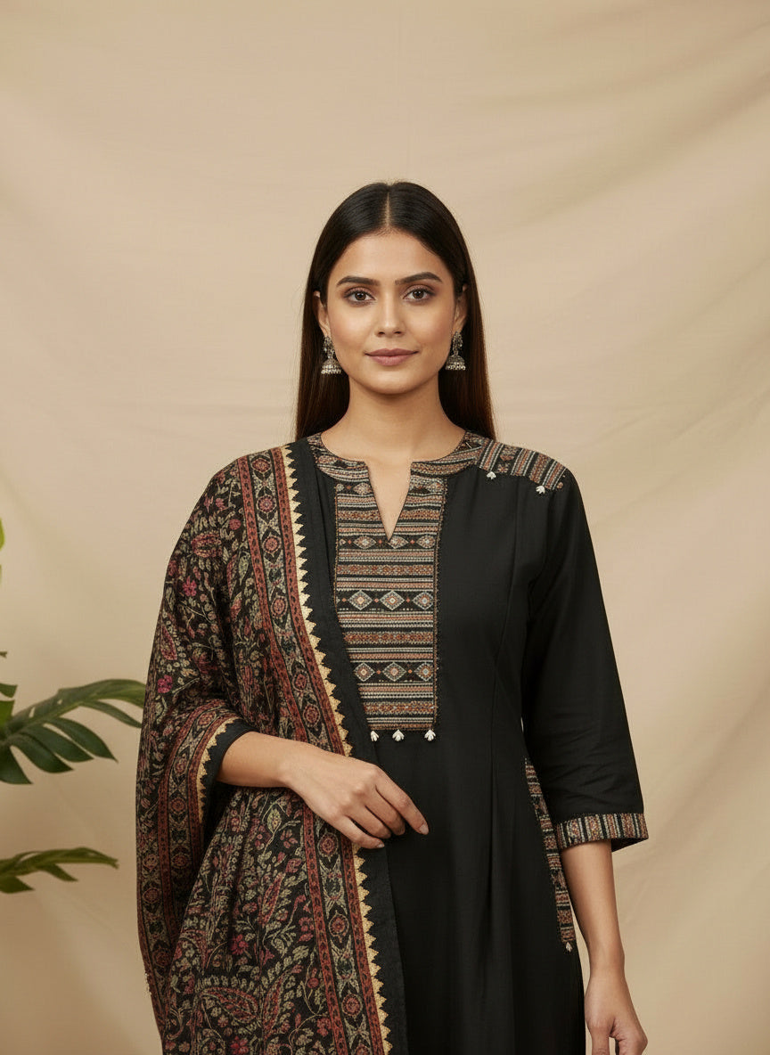 Black Kalamkari Printed Kurta Set with Intricate Ethnic Yoke & Heritage Dupatta