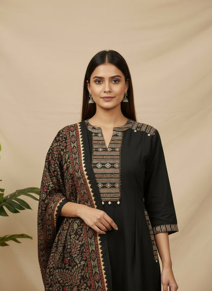 Black Kalamkari Printed Kurta Set with Intricate Ethnic Yoke & Heritage Dupatta