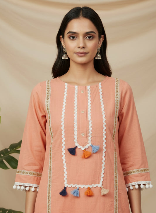 Striped Peach Cotton Co-Ord Set with Zig-Zag Lace Pom-Pom Hem & Tassel Detailing