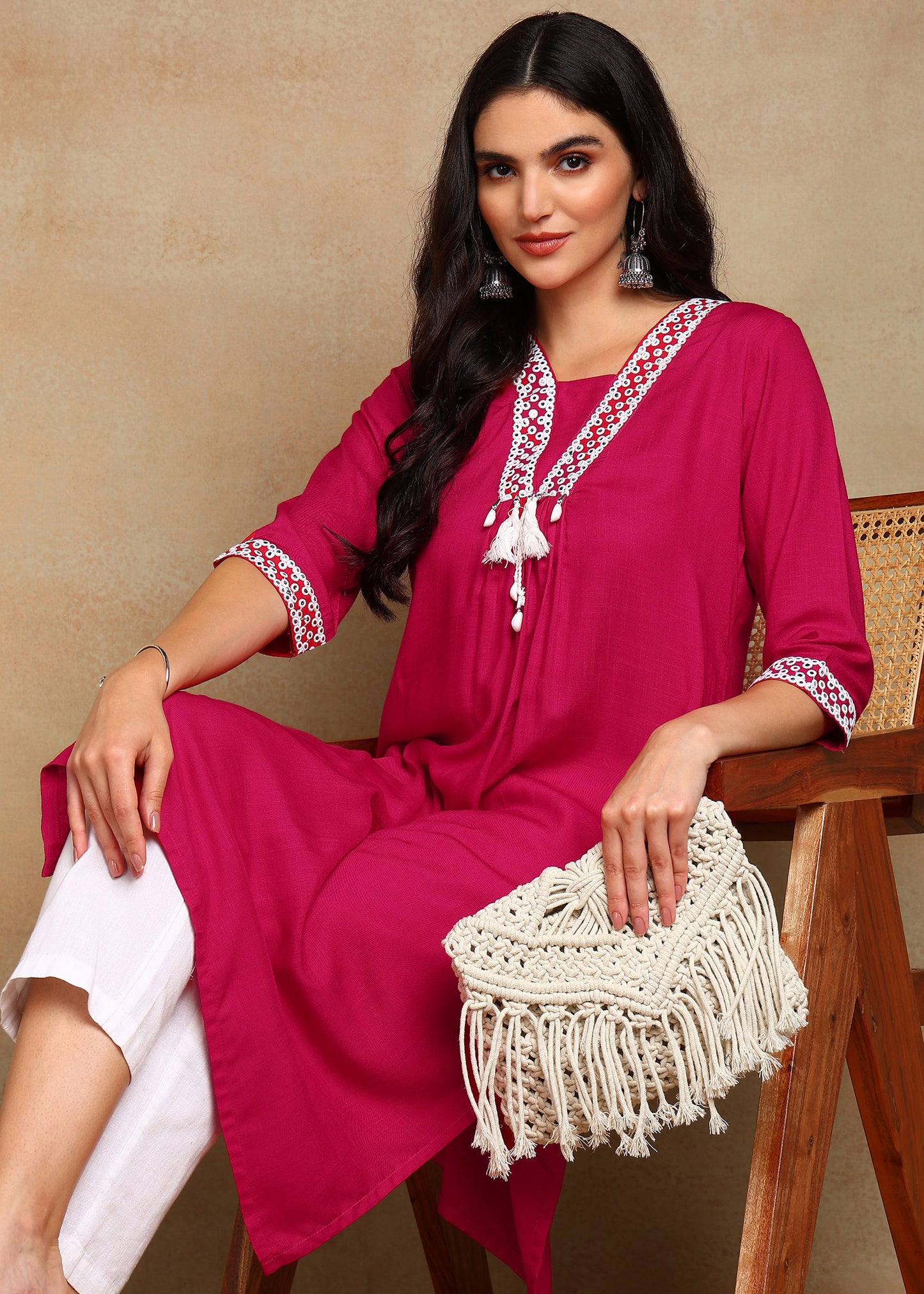 Pink Rayon Slub Kurti with White Embroidered Lace Detailing