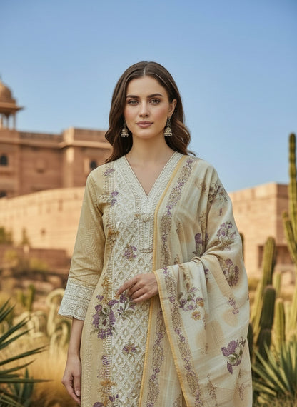 Printed Tissue V-Neck Kurta Trousers & Dupatta